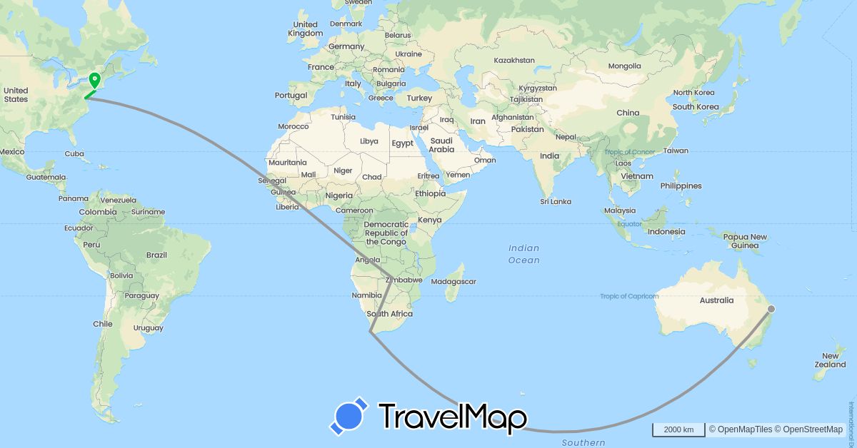 TravelMap itinerary: driving, bus, plane in Australia, United States, South Africa, Zambia (Africa, North America, Oceania)